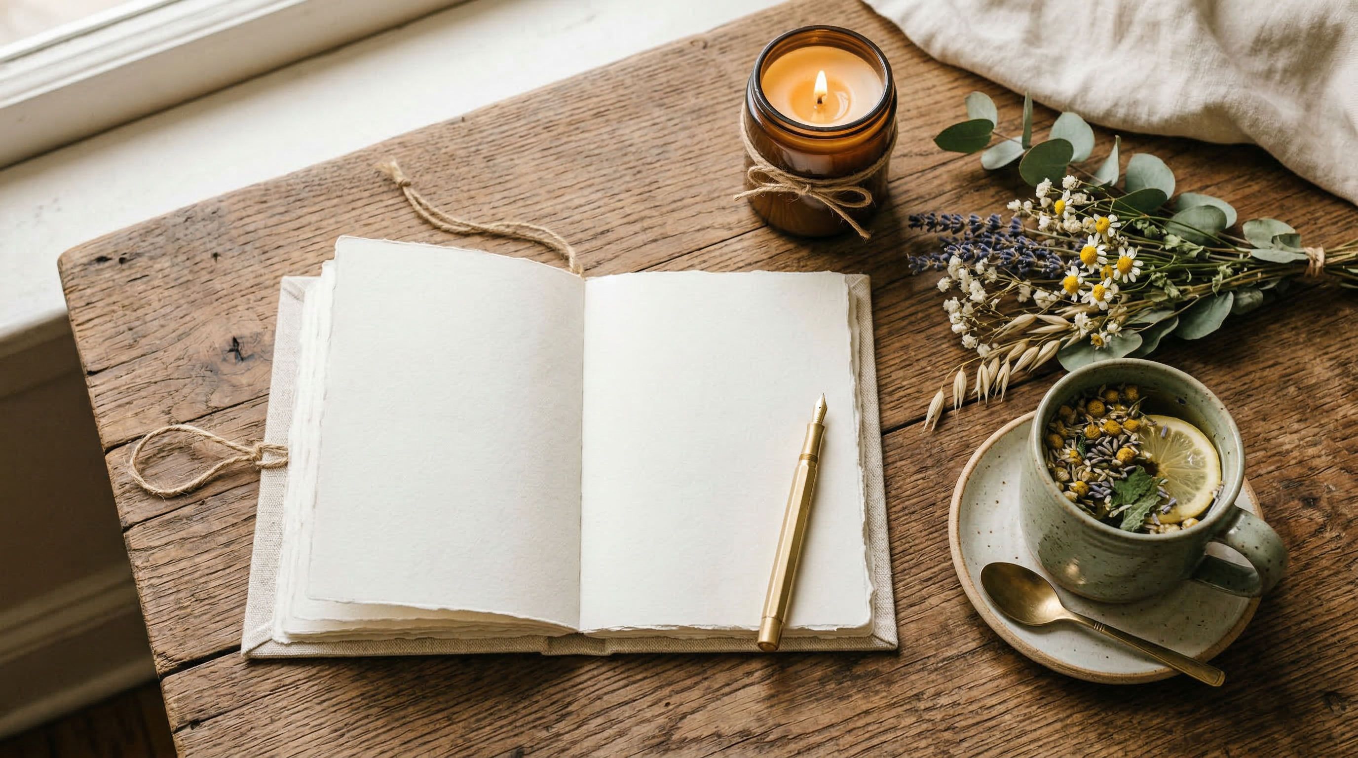 Journal ouvert avec thé aux plantes et bougie