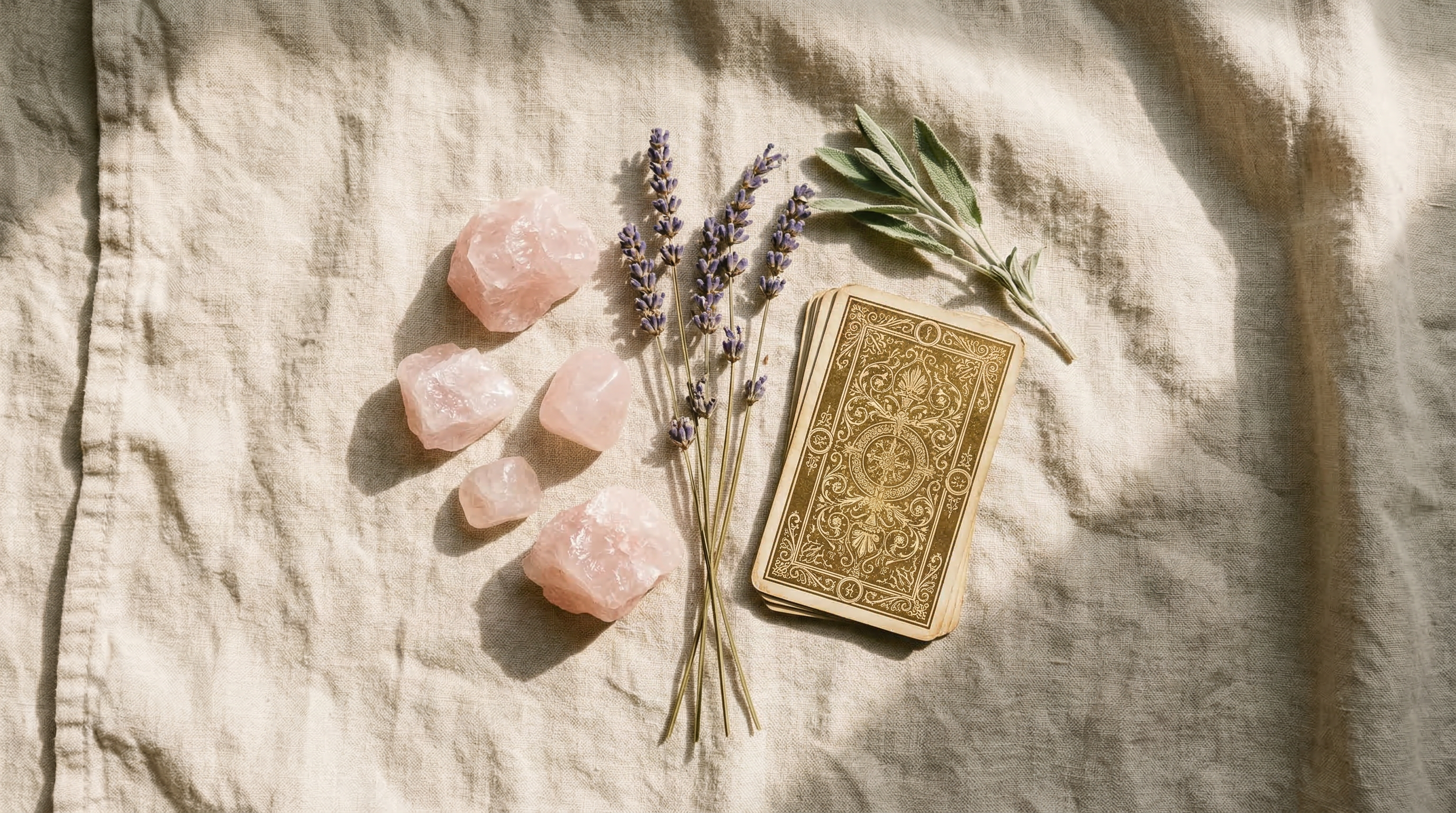 Cristaux de quartz rose, lavande séchée et cartes oracle sur un tissu en lin