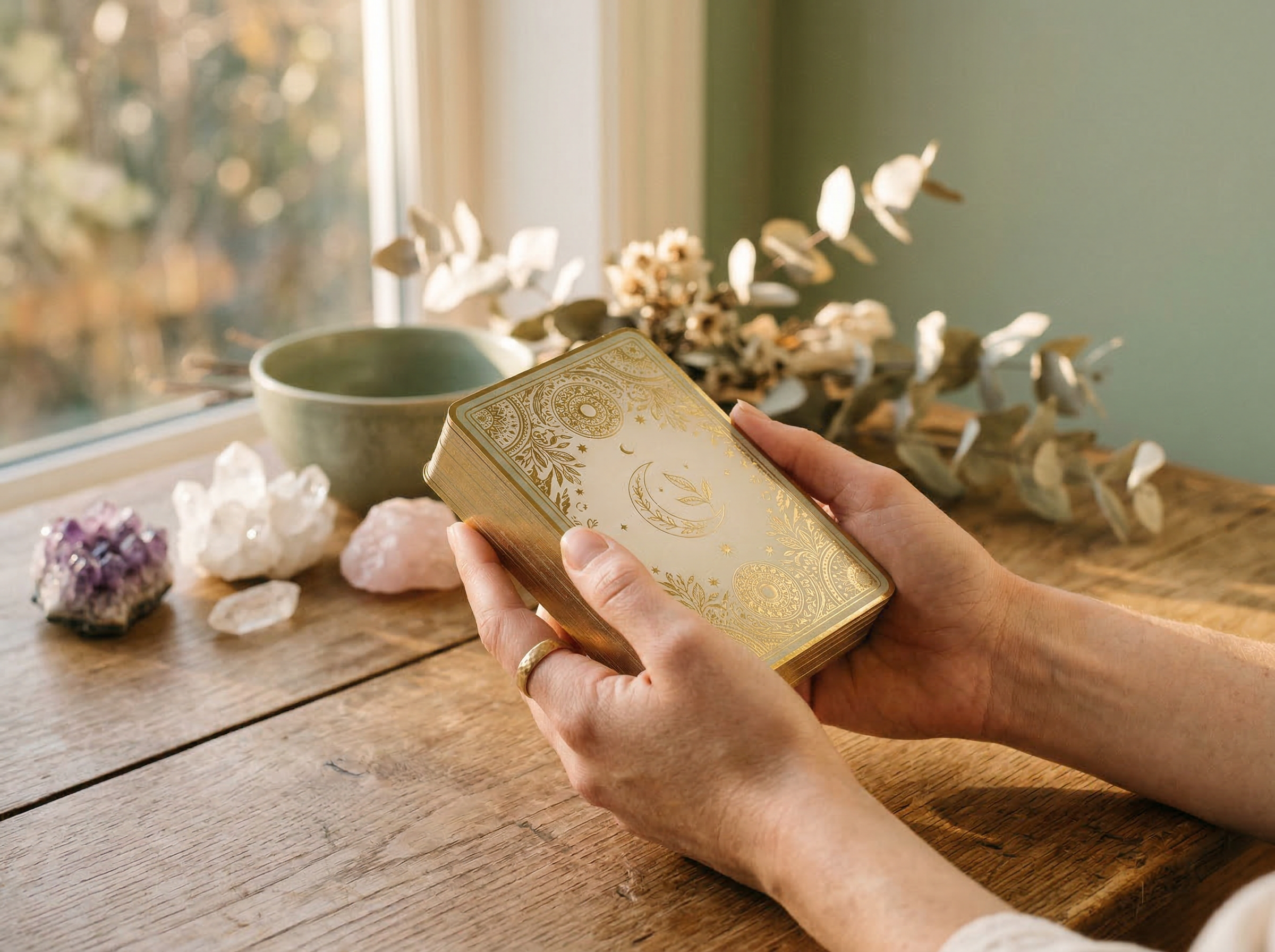 Mains tenant un jeu d'oracle doré avec cristaux et eucalyptus